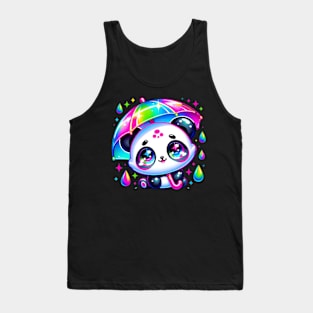 Kawaii Panda with Umbrella Holographic Neon Rainbow Chibi Tank Top